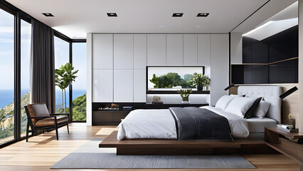 Modern bedroom design, modern furniture, double beds and french window, high-end apartments or hotels, high-end furniture