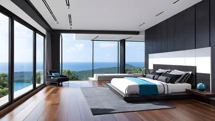 Modern bedroom design, modern furniture, double beds and french window, high-end apartments or hotels, high-end furniture
