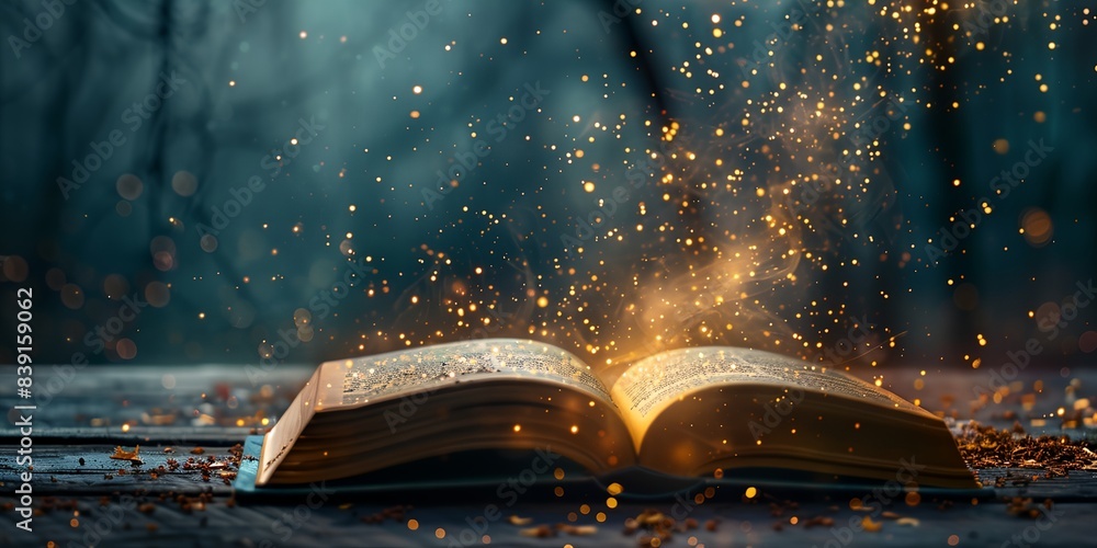 Poster an open book with a light shining from it on a table in a forest with falling gold dust