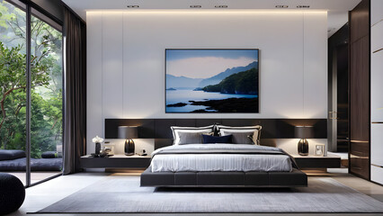 Modern bedroom design, modern furniture, double beds and french window, high-end apartments or hotels, high-end furniture