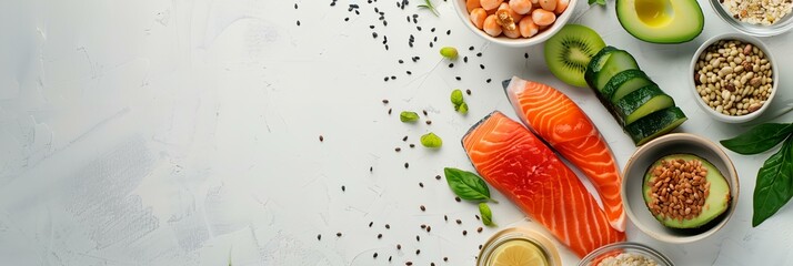 variety of foods are arranged on white surface