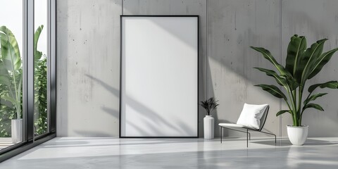 a chair and a plant in a room with a large window and a large poster on the wall above it.