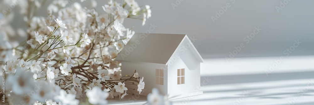 Poster a house is shown with a tree in the foreground and a white background