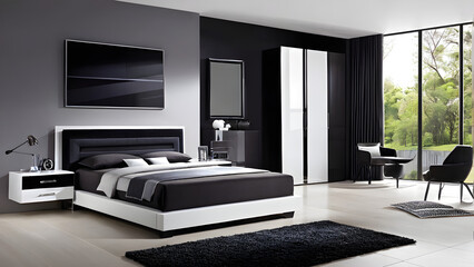 Modern bedroom design, modern furniture, double beds and french window, high-end apartments or hotels, high-end furniture