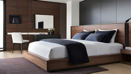 Modern bedroom design, modern furniture, double beds and french window, high-end apartments or hotels, high-end furniture