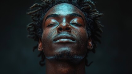 Fototapeta premium Moody low-light portrait of a man with closed eyes and dreadlocks, capturing introspection and a calm, serene expression.