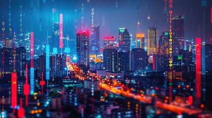 Night cityscape with colorful buildings, busy feel, overlay of stock market chart