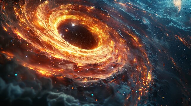 A mesmerizing cosmic black hole with swirling fiery gases in deep space, illustrating the vast, dynamic, and mysterious nature of the universe.