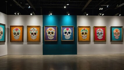 Exhibition room with colorful skull paintings capturing cultural and traditional beauty