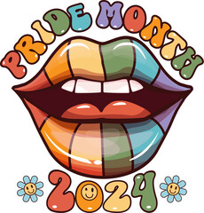 LGBT Pride month 2024 icon with lips colored in pride flag colors and open mouth with teeth and tongue. LGBT PRIDE MONTH 2024 icon and poster with groovy hipster woman open mouth isolated on white