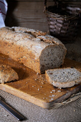 Homemade cut rye bread on a cutting board
