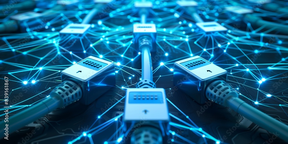 Poster a computer network with many wires connected to it