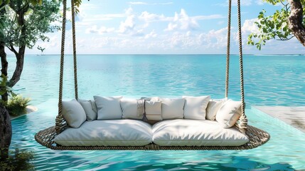 Fototapeta premium Tranquil Outdoor Setting: Elegant Swing Sofa Overlooking Pool Waters on a Serene Beach