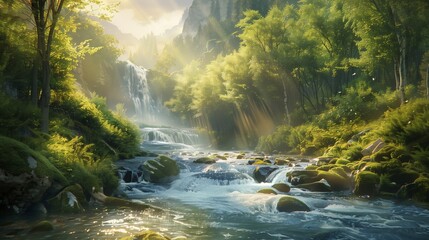 Obraz premium A serene mountain stream winding through a lush forest, sunlight dappling the water's surface.