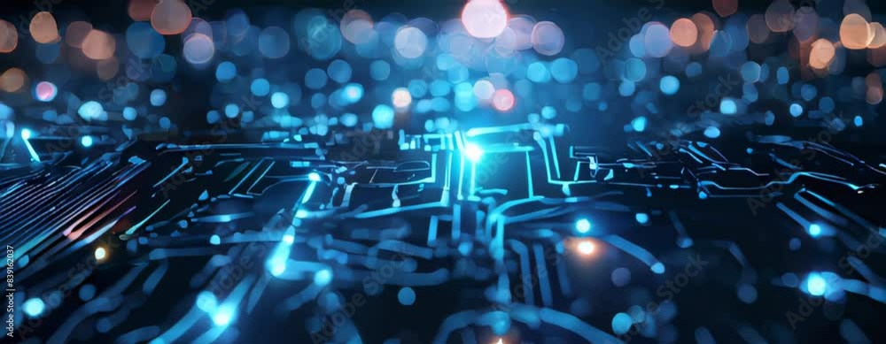 Poster close up view of illuminated circuit board with blue traces