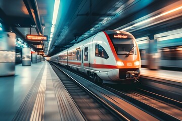 a train is traveling down the tracks in a train station at night time with motion blurry