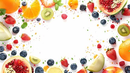 Bright fresh fruit food frame, healthy top view illustration, copy space, isolated on white background, photorealistic, whimsical, composite, crisp and vibrant