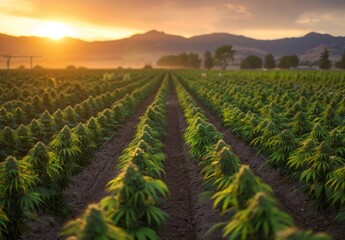 A serene landscape of a lush cannabis field at sunset, bathed in warm golden light. This image captures the tranquil beauty of a thriving cannabis farm, perfect for agricultural and nature themes.