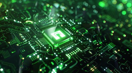 Fototapeta premium Digital lock shield green light futuristic circuit board selective focus vibrant double exposure tech security