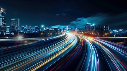 High-Speed Night Cruise: Car on Bright Roadway in Long-Exposure Shot
