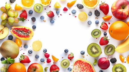 Food frame with fresh fruits, top view illustration, healthy and bright, copy space, isolated on white background, photorealistic, surreal, fusion, light and airy