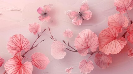 Obraz premium Soft pastel flowers and butterflies with delicate pink hues create a tranquil and elegant atmosphere, ideal for backgrounds and decor.