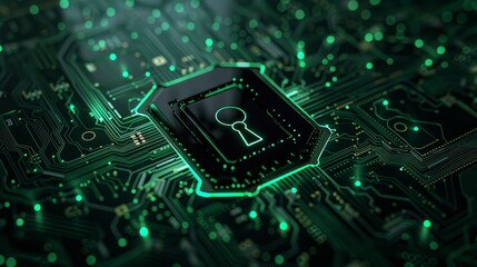 Futuristic digital shield lock green light circuit board background close up ethereal blend mode cybersecurity