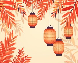 Autumn-themed background with red foliage and lanterns, perfect for seasonal and festive designs, evoking warmth and celebration.