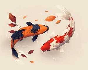 Illustration of two vibrant koi fish swimming gracefully among falling autumn leaves on a light beige background.