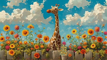 Whimsical giraffe among vibrant flowers under a blue sky with fluffy clouds, creating a surreal, enchanting scene perfect for spring-themed projects.