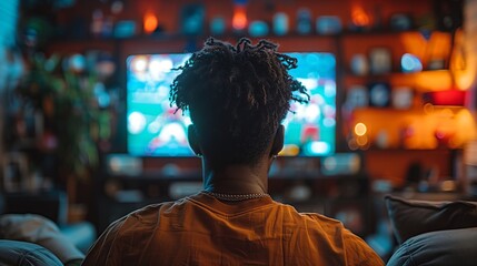 Fototapeta premium Back view of a dark-skinned guy in an orange T-shirt watching TV on the couch at home.