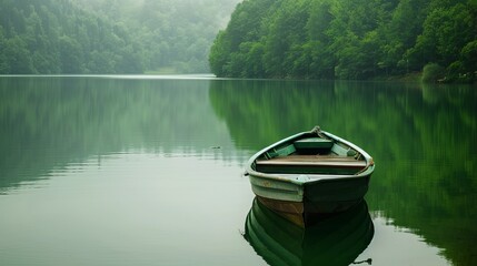 Obraz premium Lone Boat on Tranquil Green Waters - Serene Scene of a Single Boat Resting on a Calm Lake