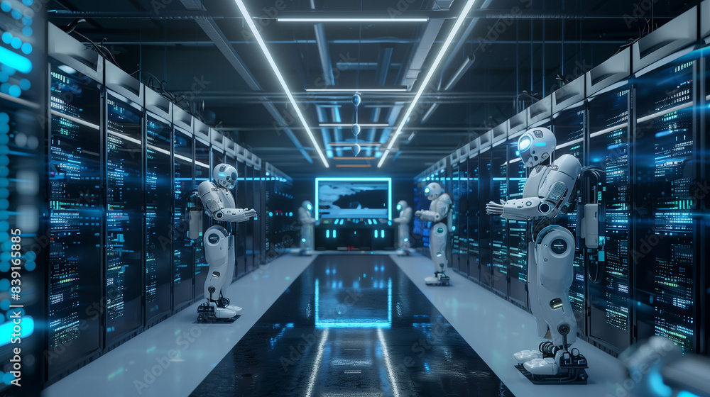 Poster a robot is standing in a room with many computer monitors. the robot is white and has a blue head. t