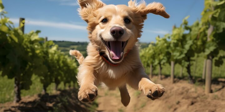 Joyful dog leaping in the background. Concept Dog Photography, Leaping Pets, Outdoor Fun, Active Animals