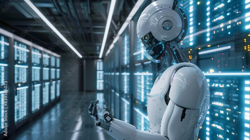 Poster A robot is standing in a room with many computer monitors. The robot is white and has a blue head. The room is filled with technology and the robot seems to be in a factory setting