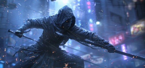 High-quality background of a cool mysterious ninja in action in a modern city.