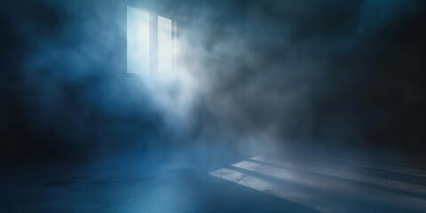 Abstract composition featuring an empty studio room immersed in mysterious dark fog, with a subtle light background
