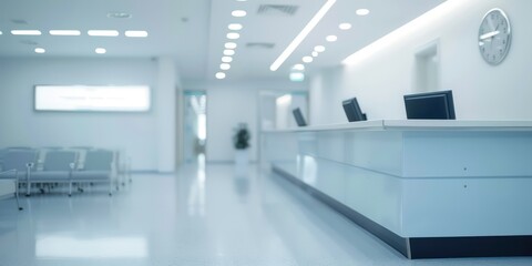 Soft-focus white background of a hospital reception desk, representing efficiency and care