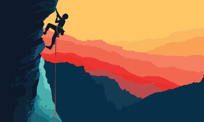 Silhouetted climber ascending steep cliff during sunset. Rock climbing adventure against backdrop orange yellow sky. Extreme sports enthusiast tackles rugged mountain terrain dusk