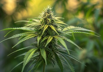 Dynamic shot of a cannabis plant swaying in the breeze, with sharp focus on the leaves and buds against a blurred background. Captures the natural movement and vitality of the plant.