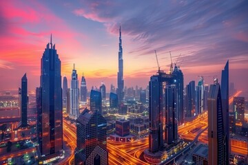 Fototapeta premium Dubai skyline at sunset with city lights and traffic.