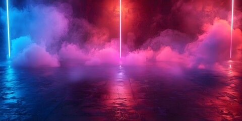 Dark concrete floor with neon light and smoke creating an abstract setting. Concept Abstract Photography, Neon Lighting, Smoke Effects, Concrete Backgrounds, Dark Aesthetics