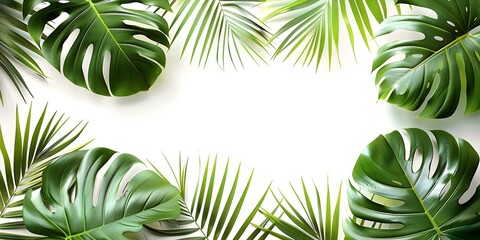 Tropical foliage plant arrangement with Monstera and palm leaves on white background. Concept Tropical foliage, Plant arrangement, Monstera leaves, Palm leaves, White background