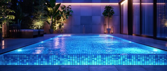Elegant night pool scene with underwater lights, a sleek modern design, and a serene atmosphere