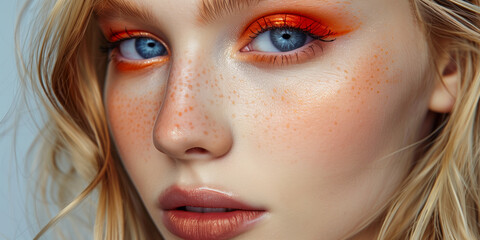 Beauty photography of a close-up orange eyeshadow makeup look with blue eyes and freckles, glamorous and detailed portrait