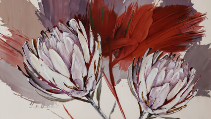 Protea flowers painted in a slightly muted color palette of red and purple pinks with broad brush strokes on a minimalist style background