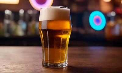 Glass of Beer on Bar Counter. A full glass of beer sits on a wooden bar counter