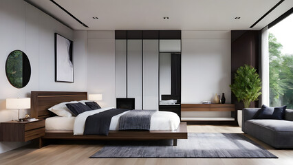 Modern bedroom design, modern furniture, double beds and french window, high-end apartments or hotels, high-end furniture