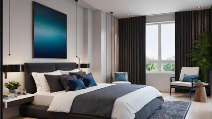 Modern bedroom design, modern furniture, double beds and french window, high-end apartments or hotels, high-end furniture