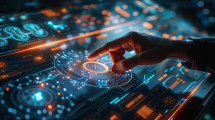 Glowing data visualizations on a large touchscreen, showcasing technological advancements